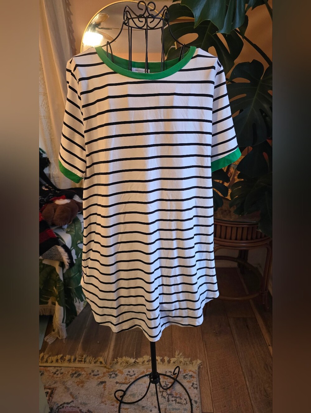 🐝🍯CHIC SOUL Striped Colorblock Ringer Tunic Top Emerald Green White Black 1X